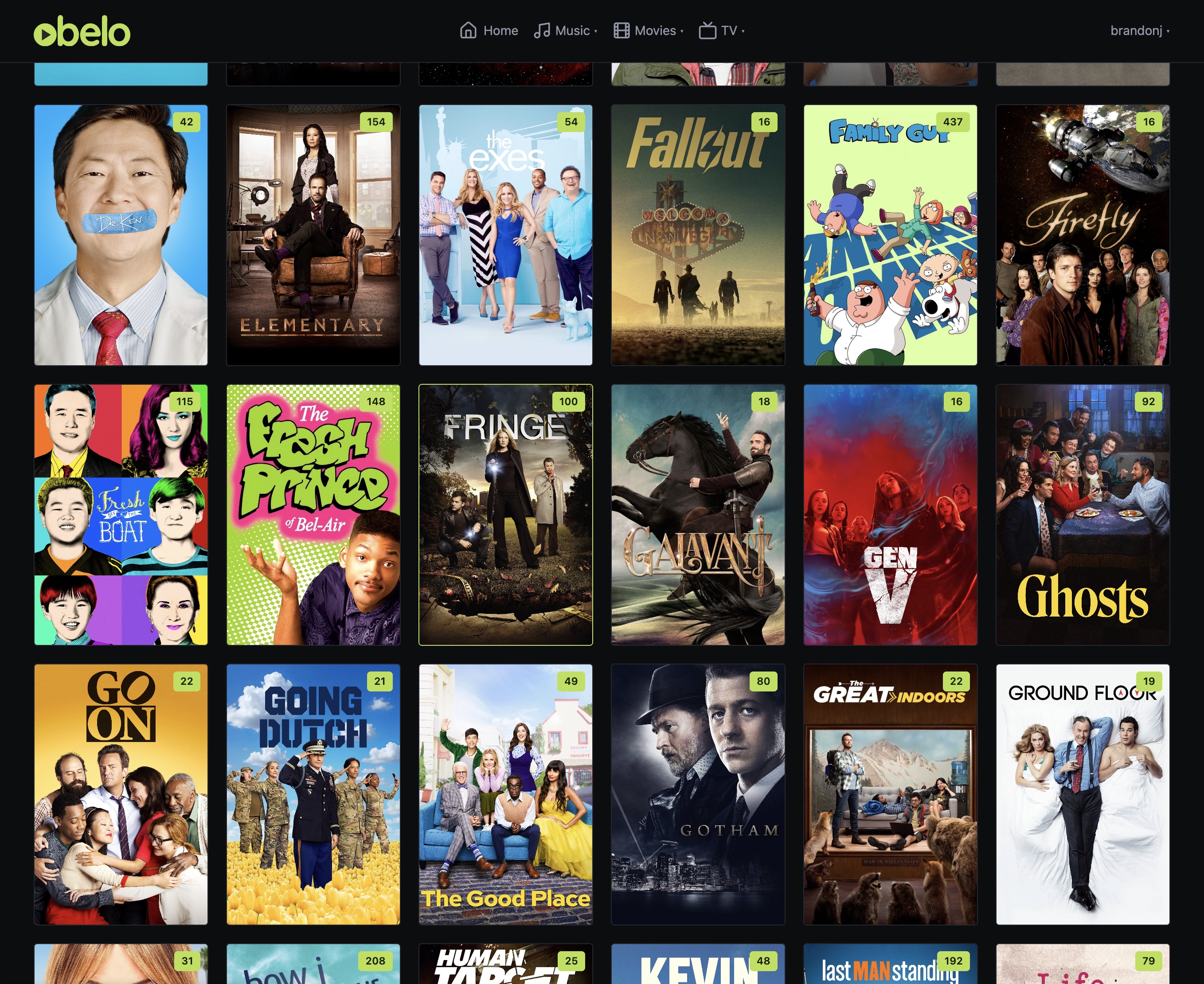 The Obelo web app showing a TV series: artwork, rating and genres, a Play button, the cast, and a season of episodes.